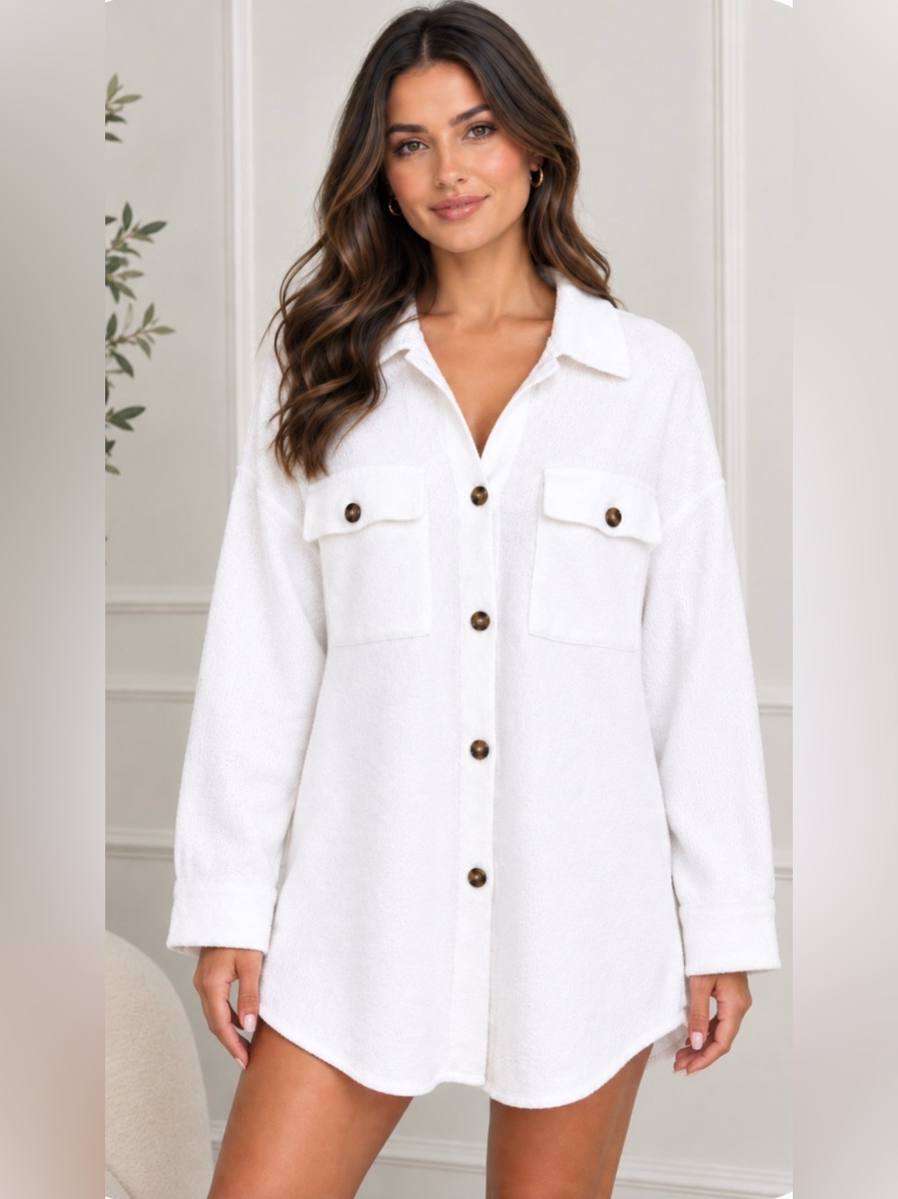 White Button-Front Collared Shirt Jacket with Patch Pockets